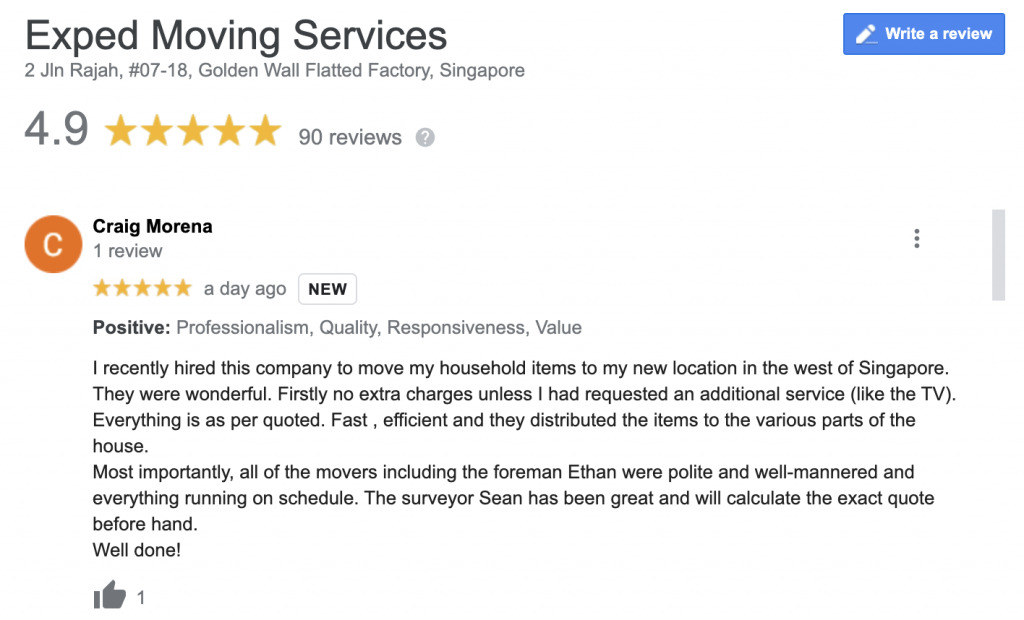 Moving in Singapore - Exped Google review
